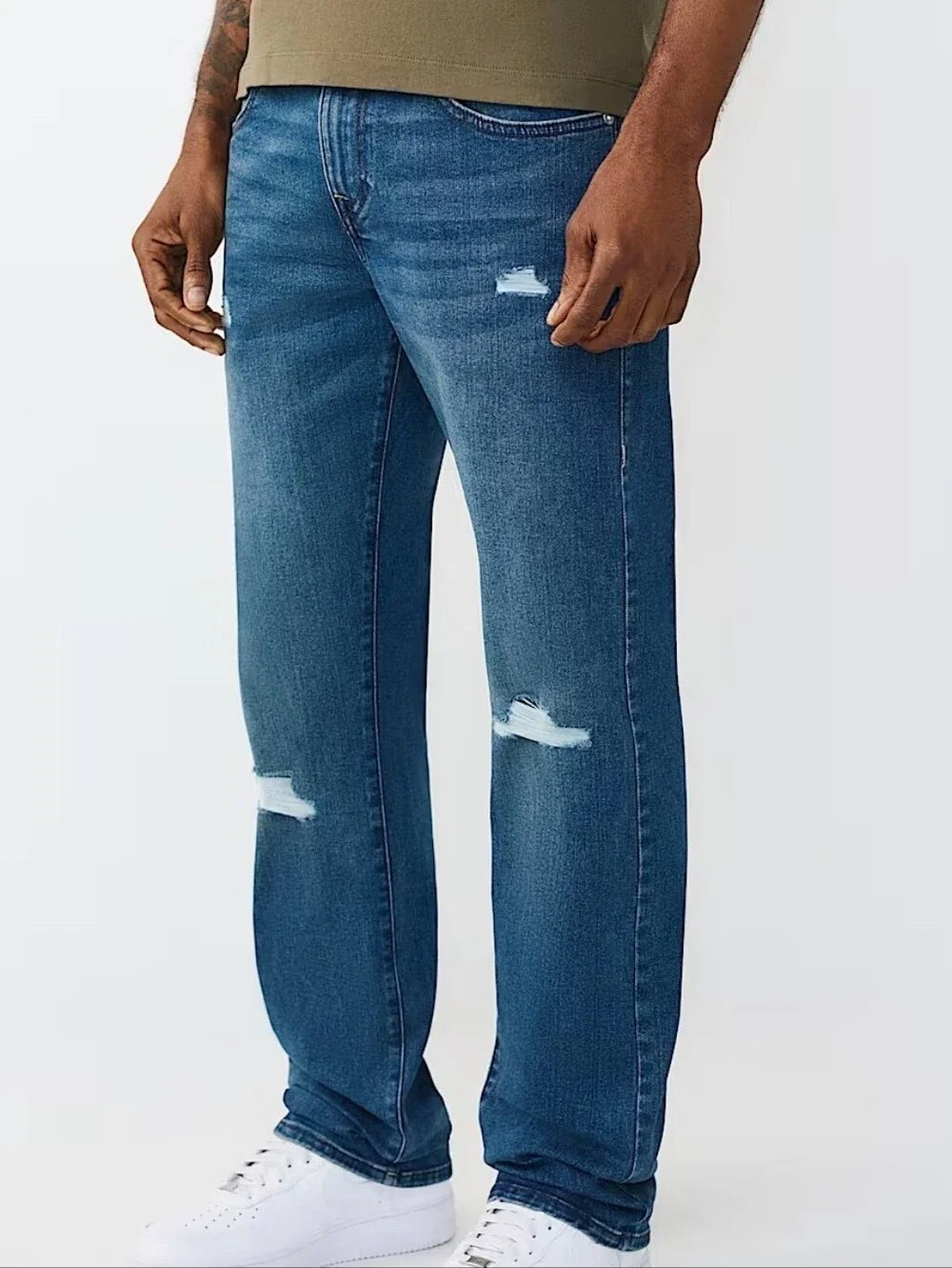 True Religion Ricky RIP Repair Straight Jeans- Medium Blue Comet Wash